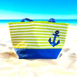 QUACKER FACTORY Green and White Striped Tote with Blue Sequined Anchor Nautical